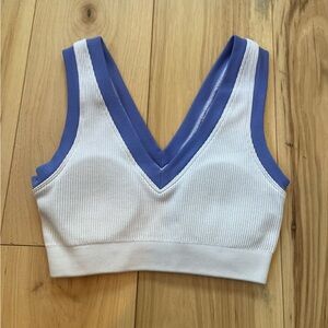 OFFLINE by Aerie Seamless Plunge Sports Bra in a ribbed white and blue colorway